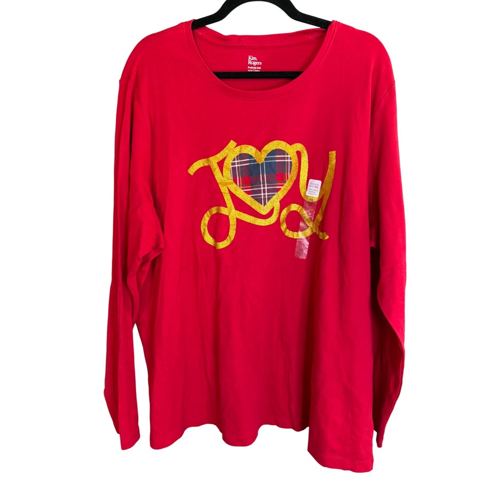 NWT Kim Rogers 2x Holiday Red Christmas Shirt JOY Casual Oversized‎ Log Sleeve